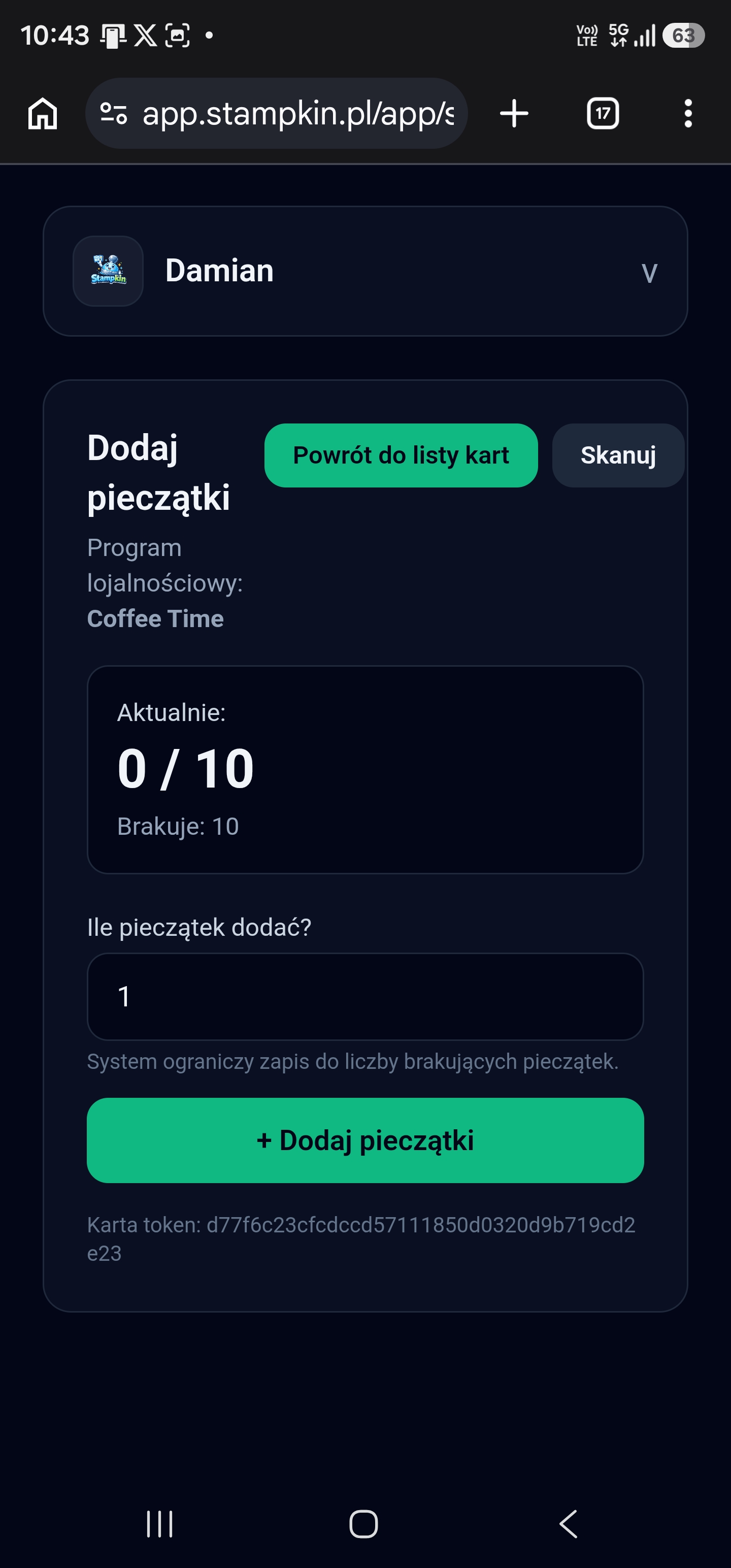 Panel pracownika Stampkin przed dodaniem pieczątki klientowi