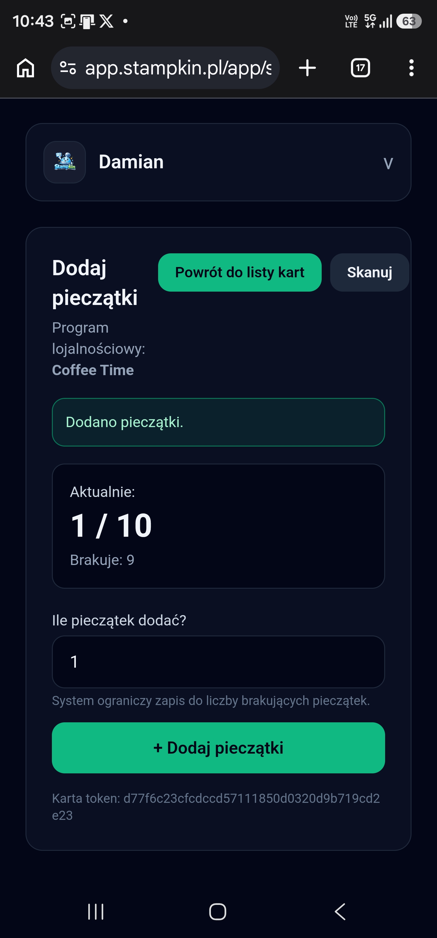 Panel pracownika Stampkin po dodaniu pieczątki klientowi