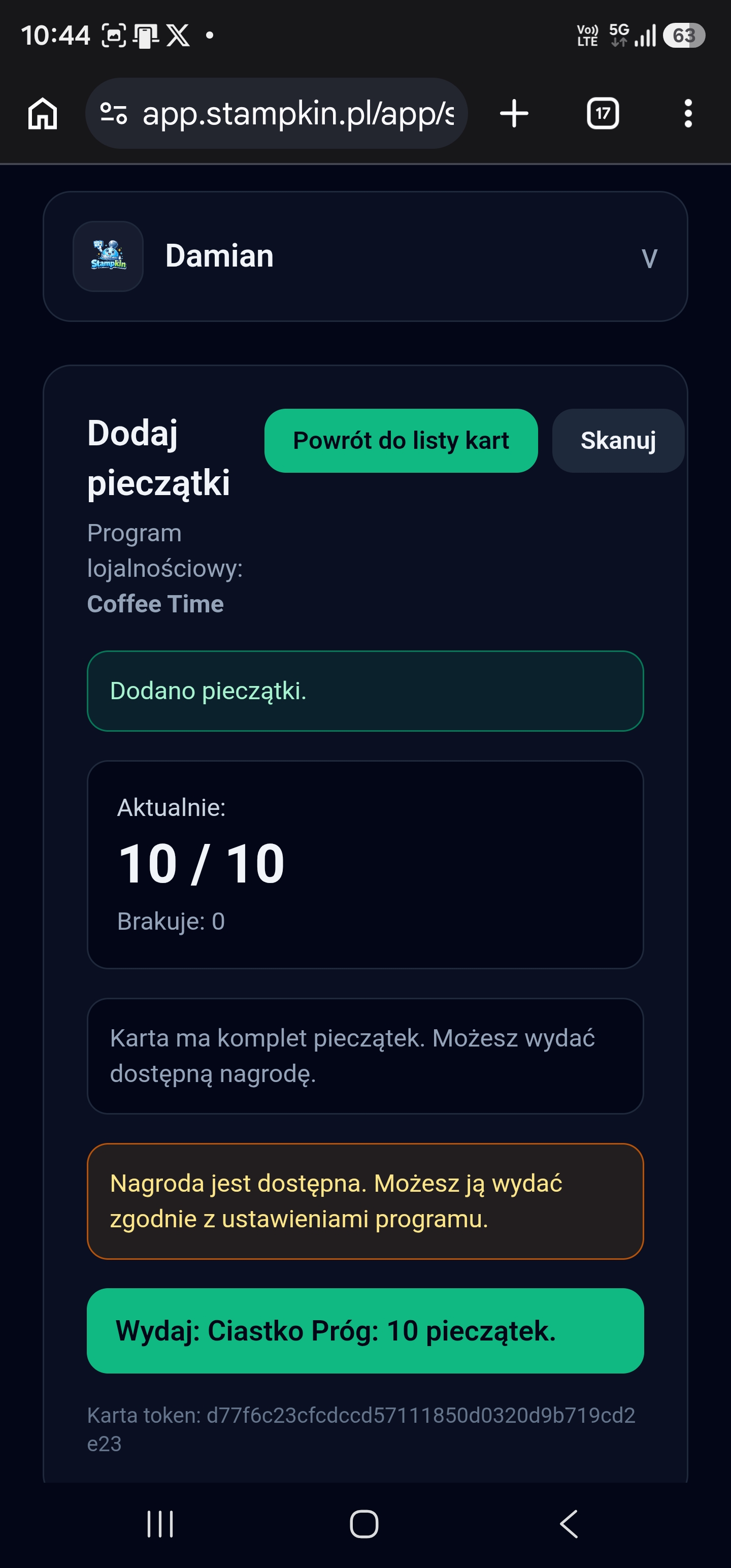 Panel Stampkin informujący pracownika, że nagroda klienta jest gotowa do wydania
