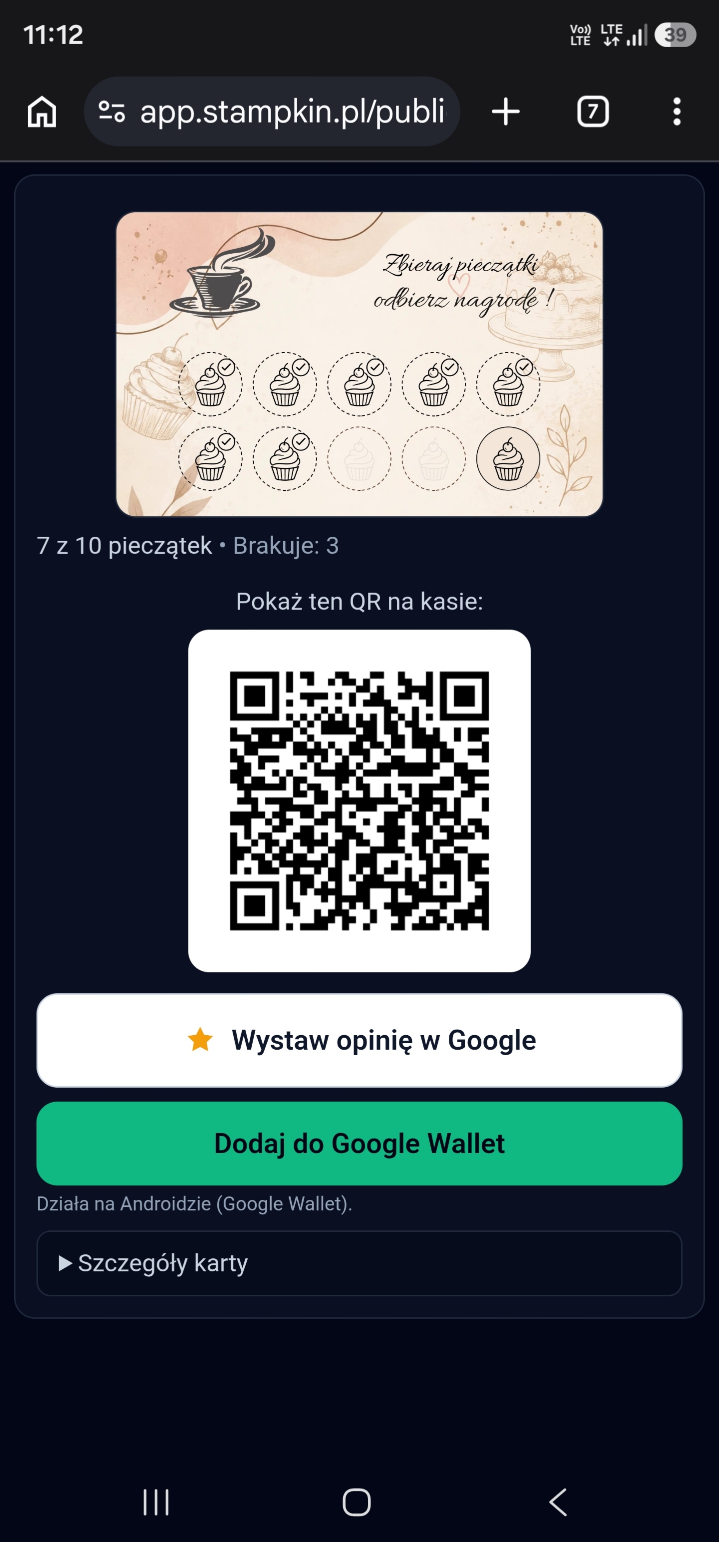 Strona Stampkin z kartą lojalnościową i przyciskiem Dodaj do Google Wallet