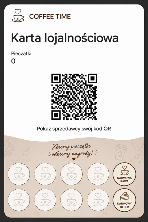 Przykładowa cyfrowa karta lojalnościowa Stampkin z pieczątkami